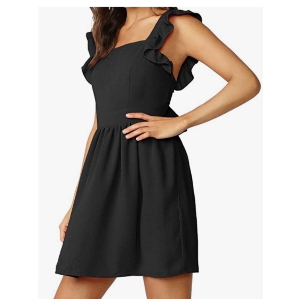 Women's Tie Back Ruffle Strap A‎ Line Fit and Flare Dress- Black Medium - Picture 3 of 14